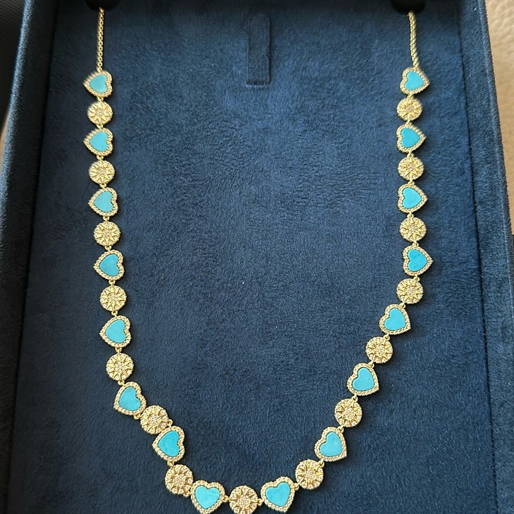Turquoise hearts and gold sun logo chain necklace